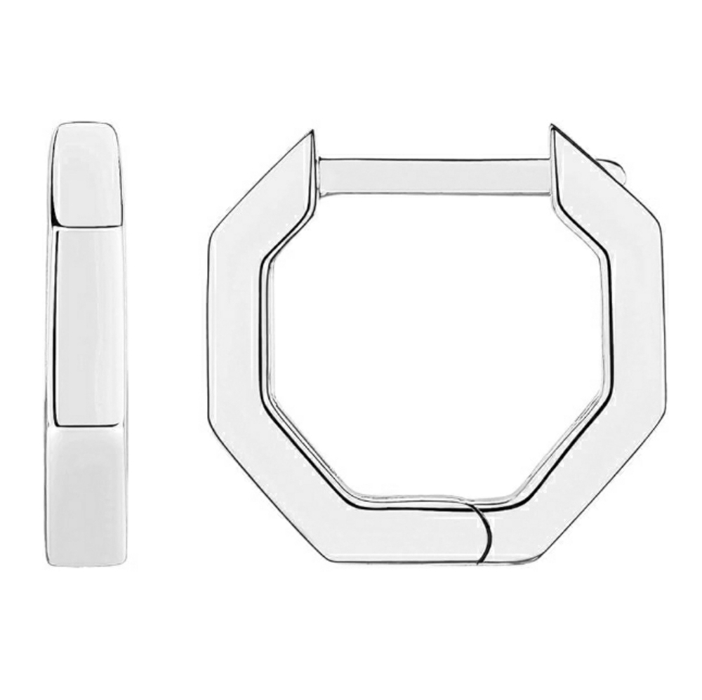 14K White Gold Plated Chunky Huggie Sterling Silver Posts Hoop Earrings